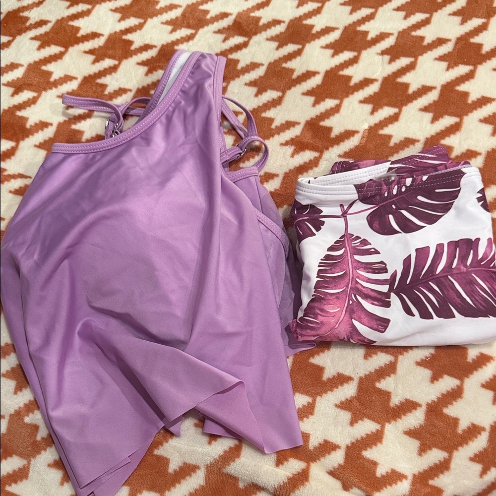 Kids Lavender One-Piece Swimsuit with Tropical Print Set